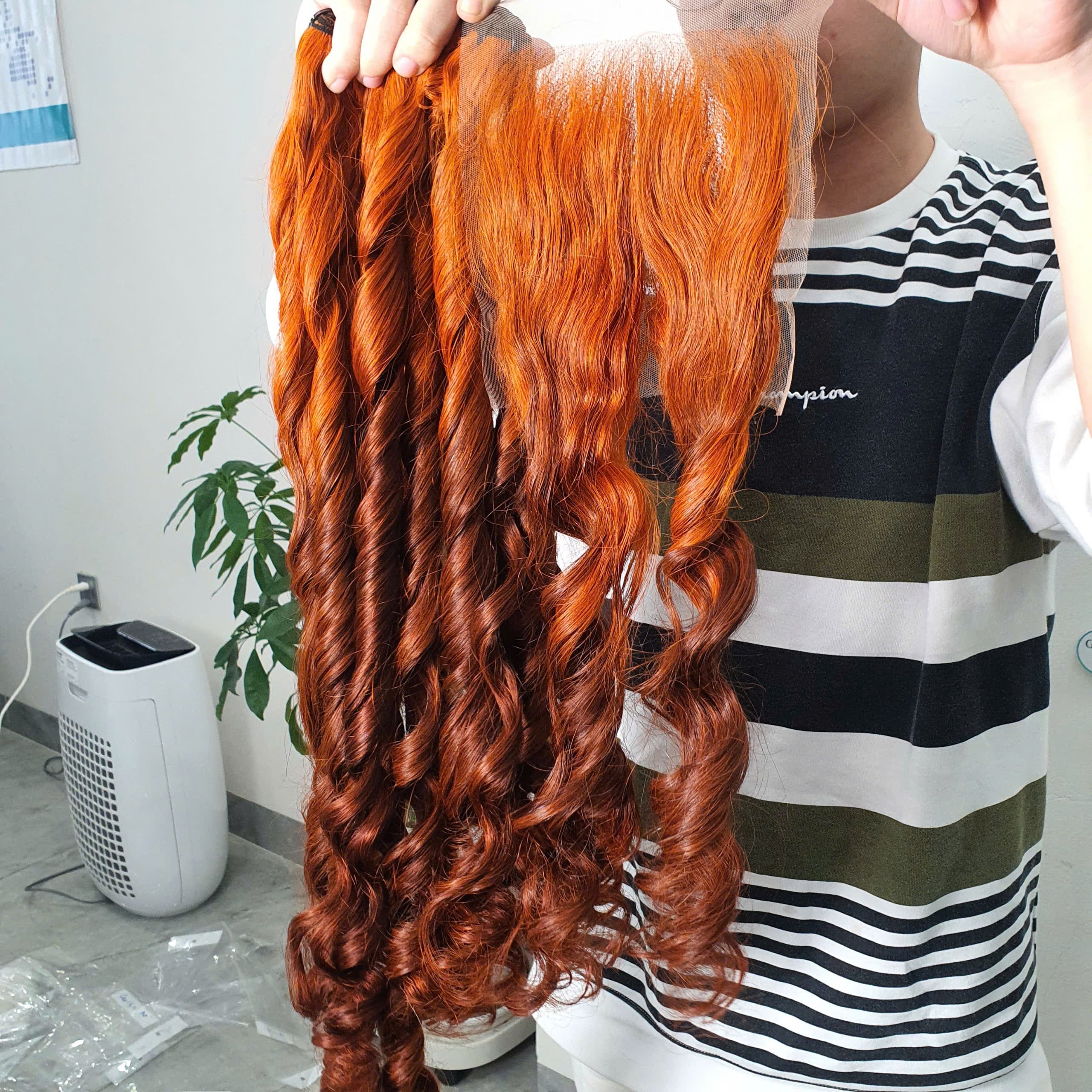 Closure 4x4 frontal wig - RAW HAIR VIETNAMESE - HAIR SET 1 Orange Color Curly Hair Closure 4x4 Long Hair