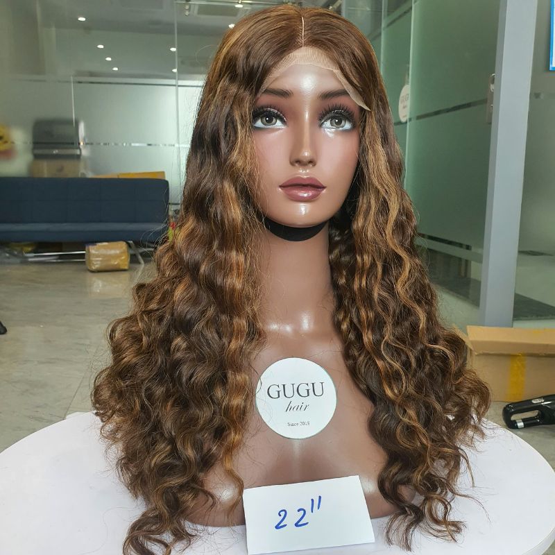 GUGU HAIR – Raw Vietnamese Human Hair Wig 110 Deep Wave Curly Hair 5x5 Lace Wig – 22 Inch Highlight 4_27 Human Hair Wig