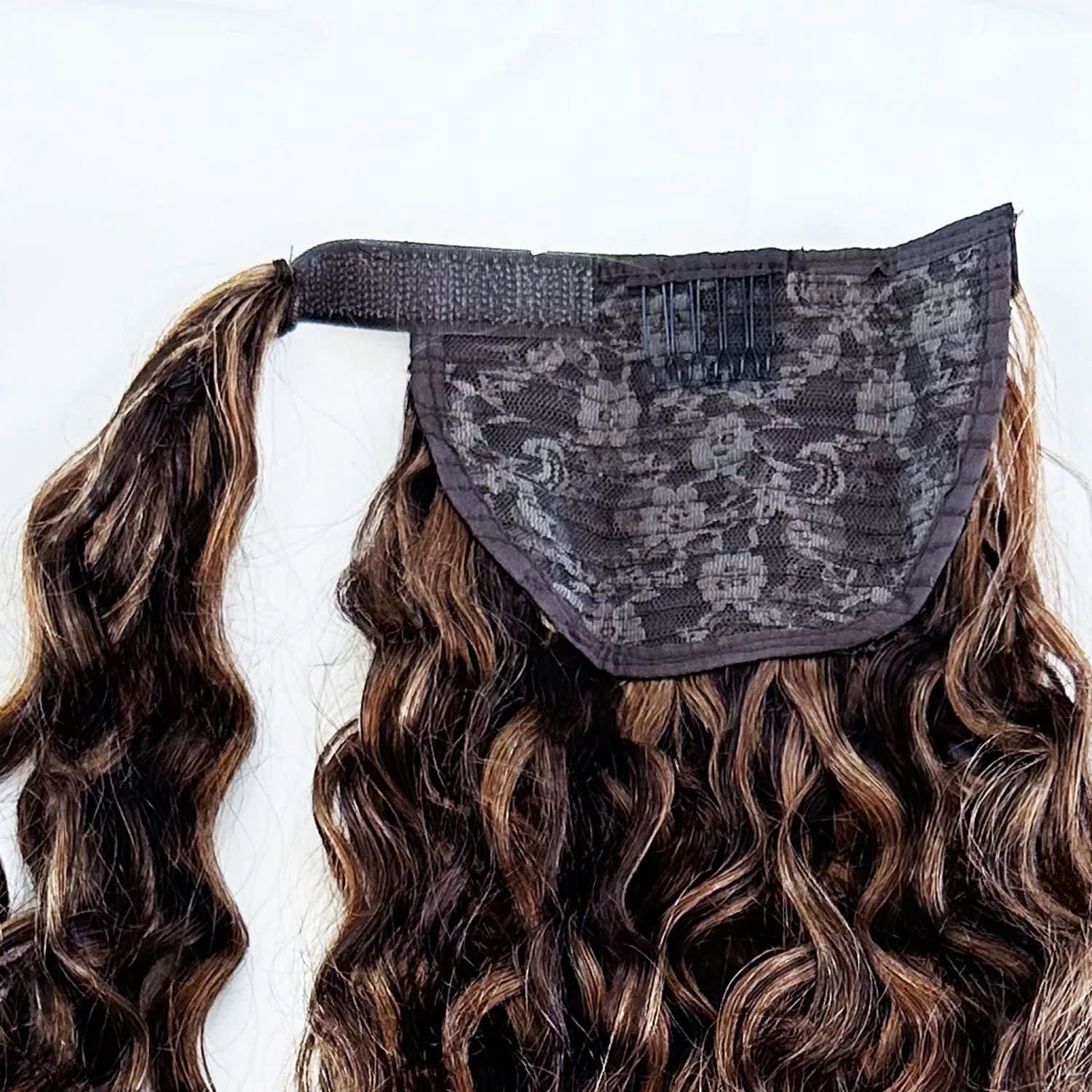 Curly Human Hair Ponytail Extensions – #2/10 Dark Brown & Caramel Highlight Blend 2 Pony Tail Hair Extensions