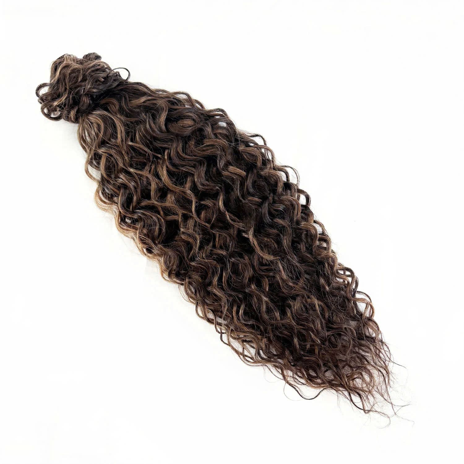 Curly Human Hair Ponytail Extensions – #2/10 Dark Brown & Caramel Highlight Blend 1 Curly Human Hair Ponytail Extensions – #2/10 Dark Brown & Caramel Highlight Blend