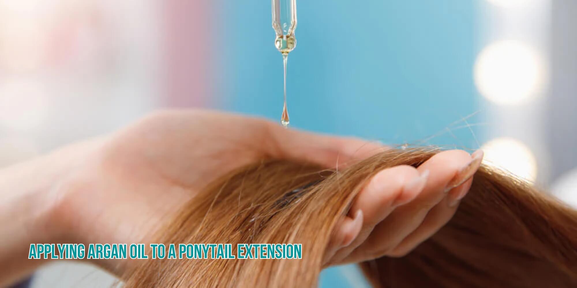 Applying argan oil to a ponytail extension