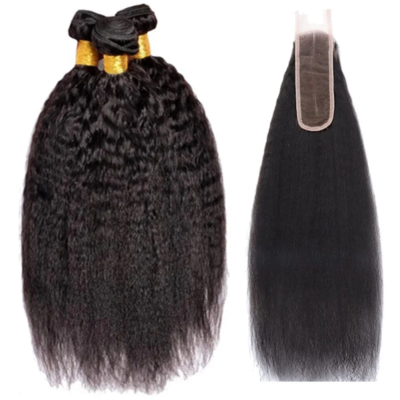 Kinky Straight Bundles with 4x4 Lace Closure – Virgin Human Hair Yaki Texture Set