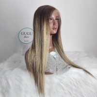 NEW: Golden Highlight Bone Straight Virgin Human Hair Wigs 5 22 Inch Long Straight Highlighted Lace Front Wig