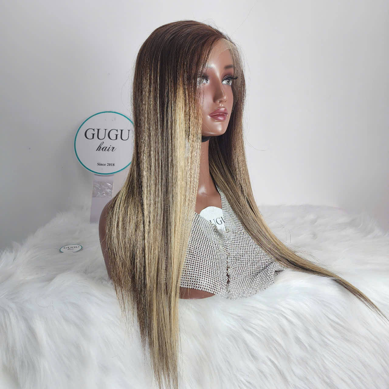 NEW: Golden Highlight Bone Straight Virgin Human Hair Wigs 8 22 Inch Long Straight Highlighted Lace Front Wig