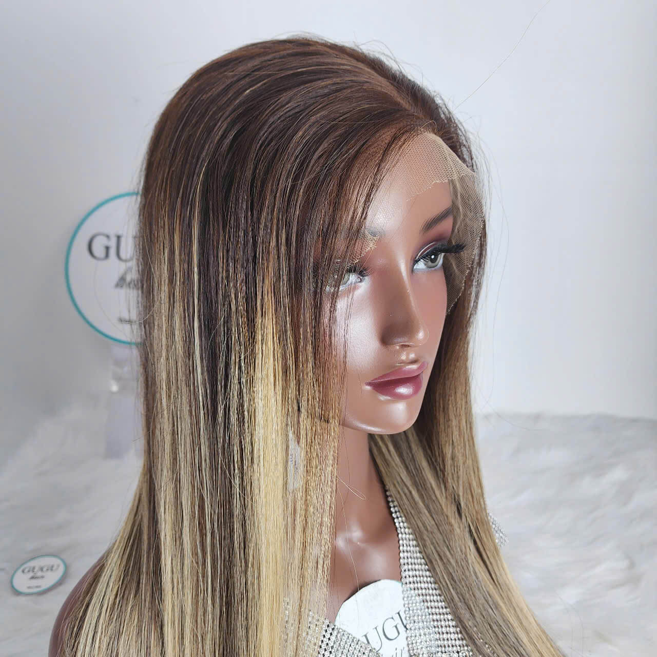 NEW: Golden Highlight Bone Straight Virgin Human Hair Wigs 7 22 Inch Long Straight Highlighted Lace Front Wig