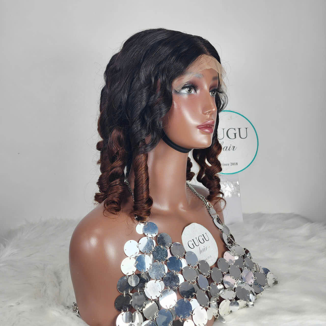 Deep Bouncy Curly Lace Front Wig with Auburn Highlights – GUGU Hair