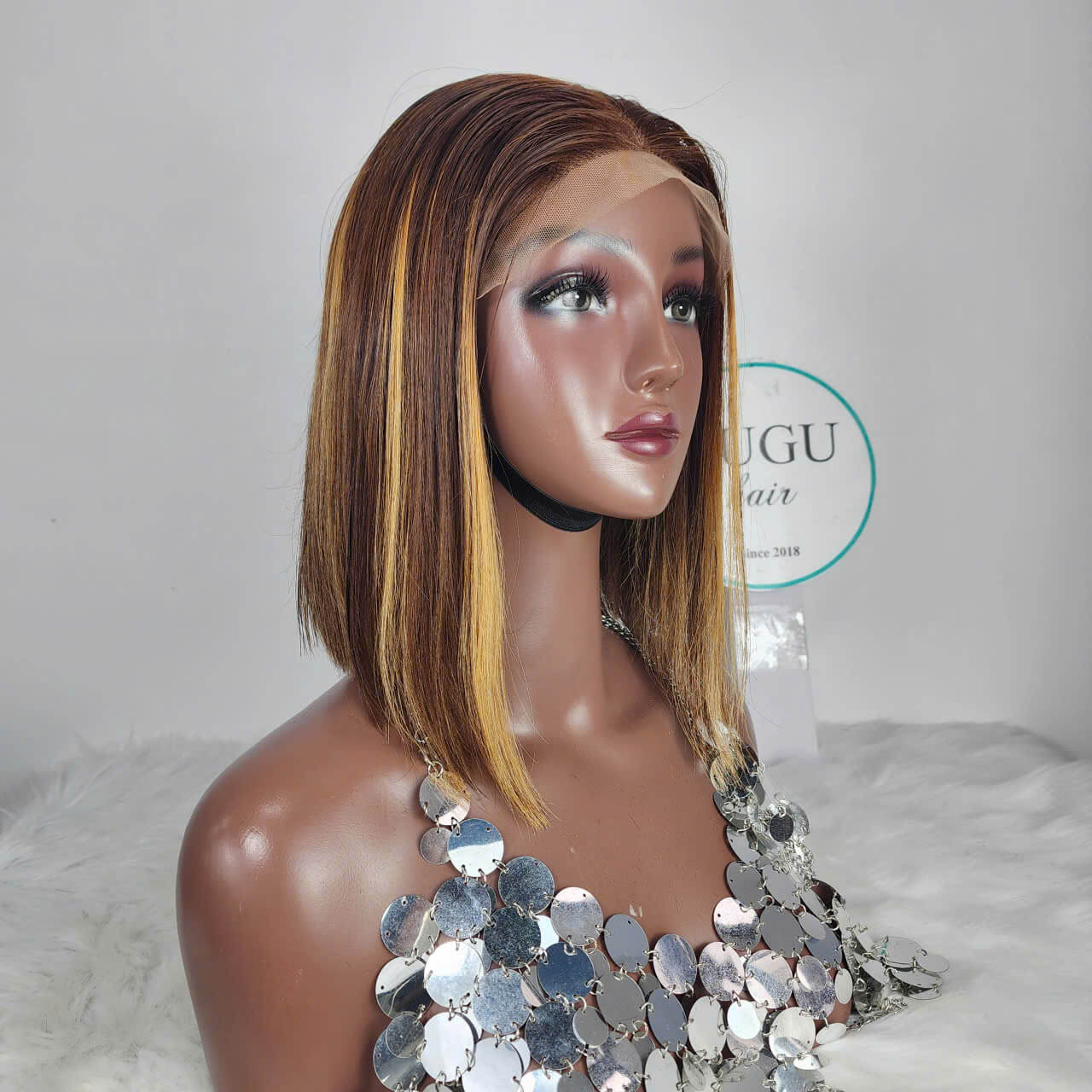 Honey Brown Straight Bob Lace Front Wig with Blonde Face-Framing Highlights – GUGU Hair