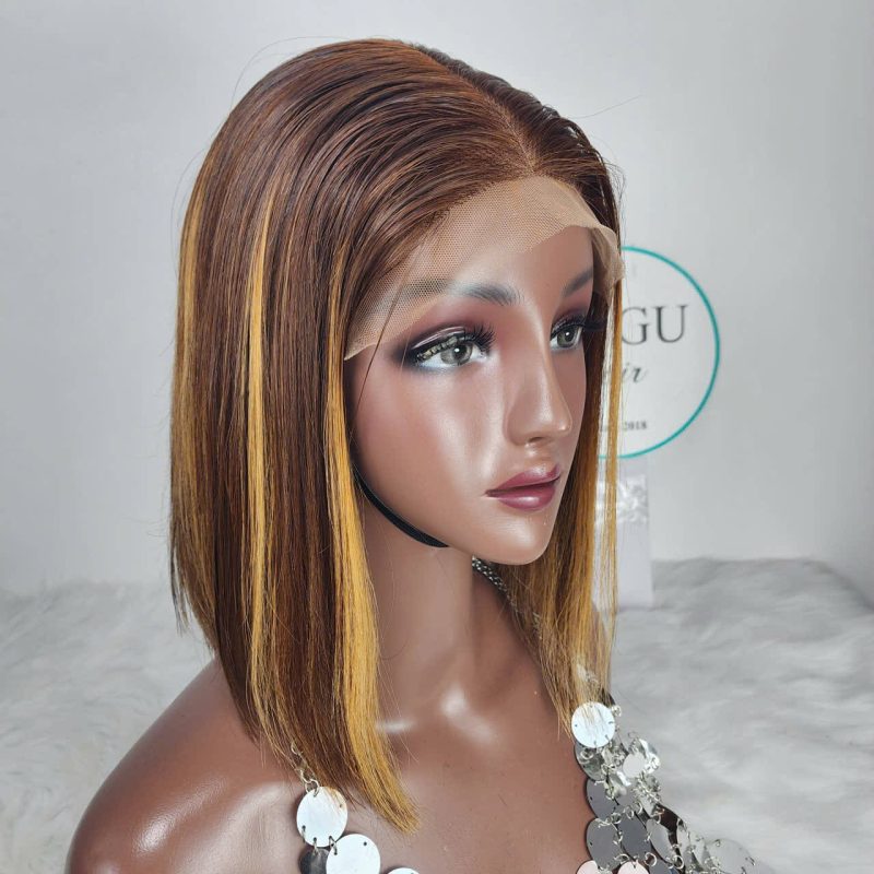 Honey Brown Straight Bob Lace Front Wig with Blonde Face-Framing Highlights – GUGU Hair