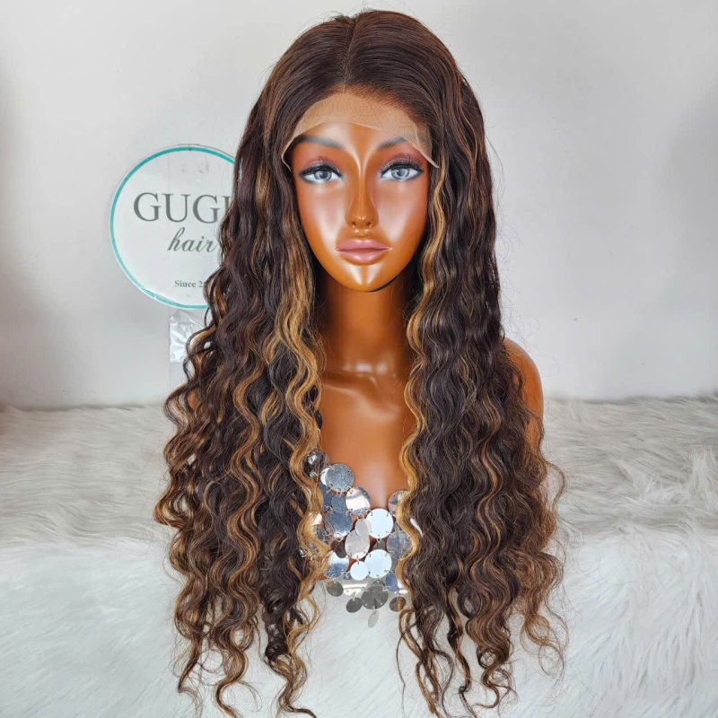 Our Collection 44 26 Inch Curly Highlight Wig – Loose Wavy Style with Golden Brown Streaks