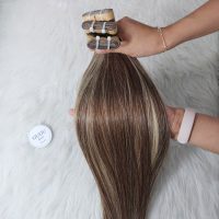 20 Inch Tape-in Bone Staight Ash Brown with Blonde Highlights Color Raw Human Hair Extension