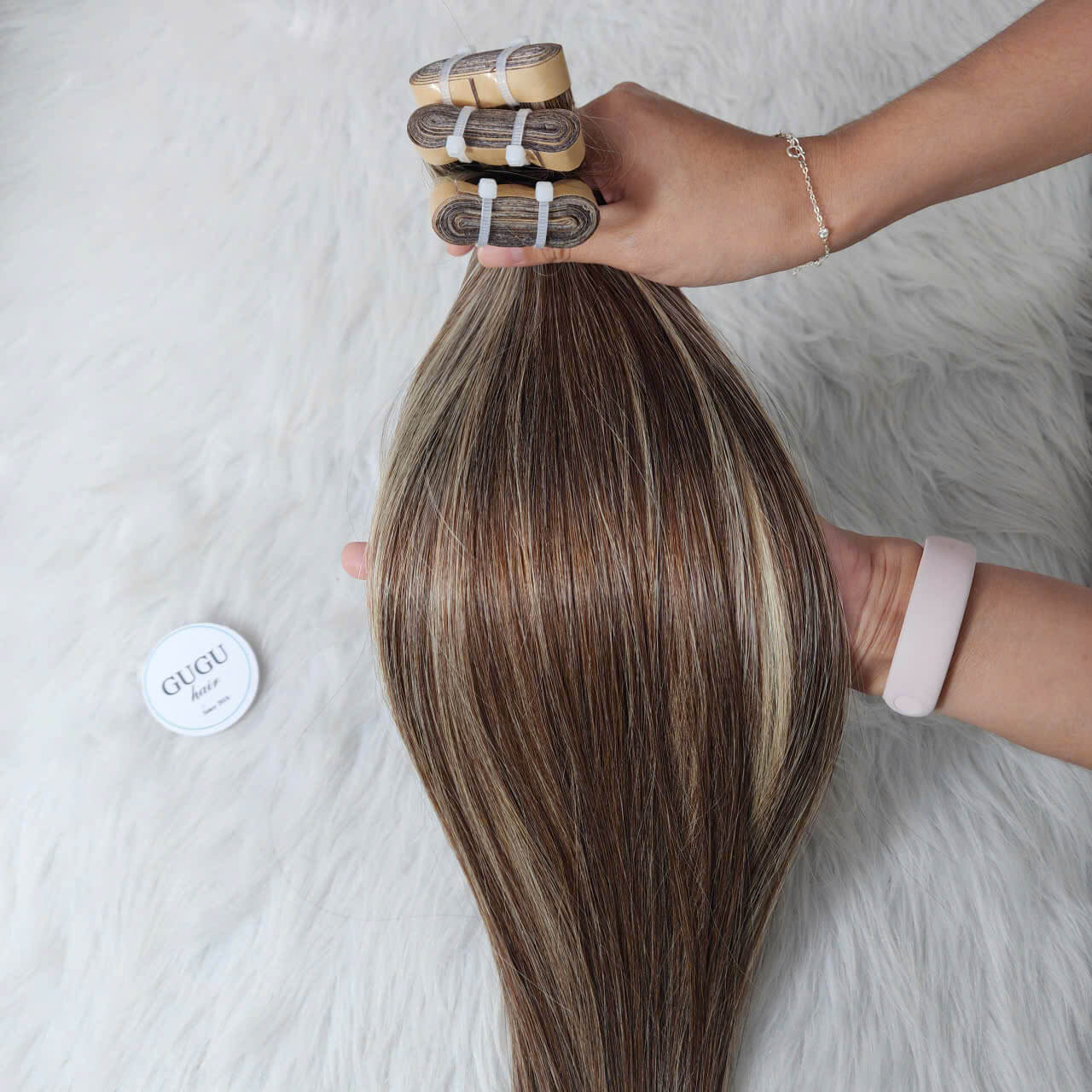 20 Inch Tape-in Bone Staight Ash Brown with Blonde Highlights Color Raw Human Hair Extension