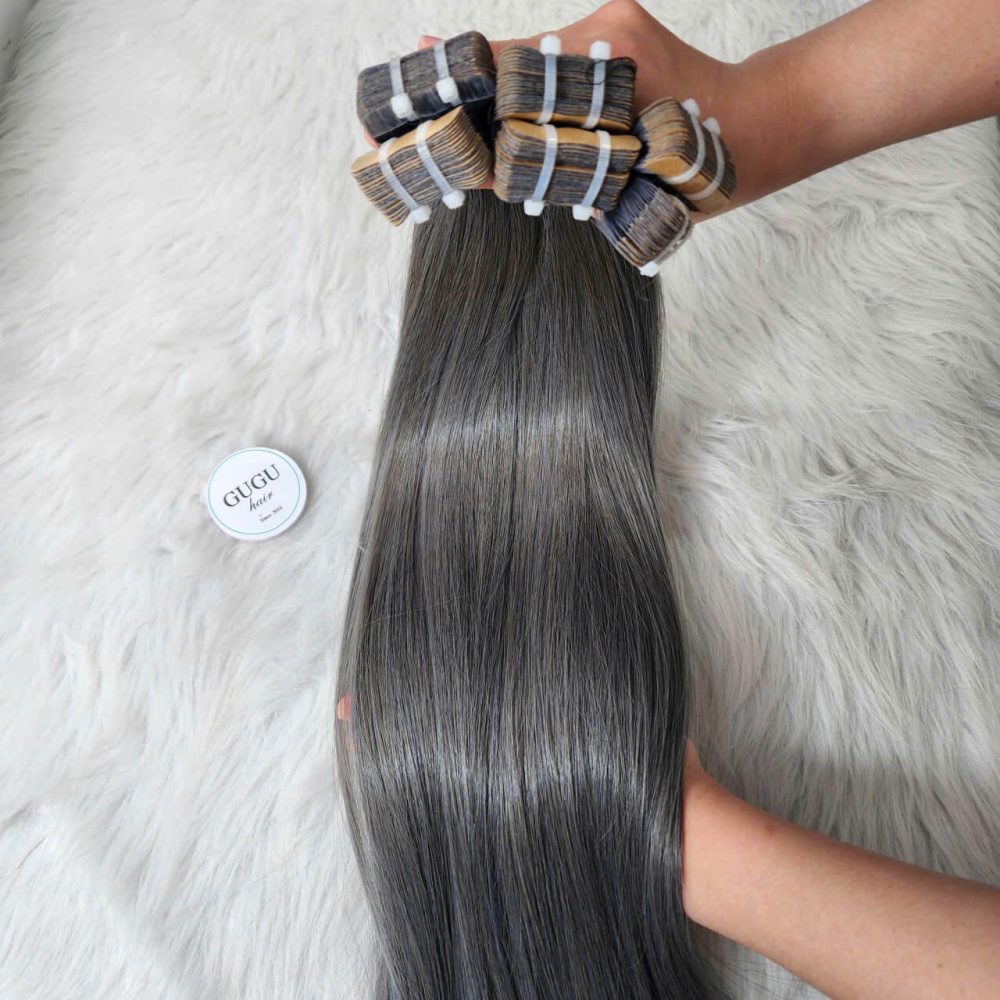 20 Inch Bone Straight Ash Grey Raw Vietnamese Human Hair Extensions