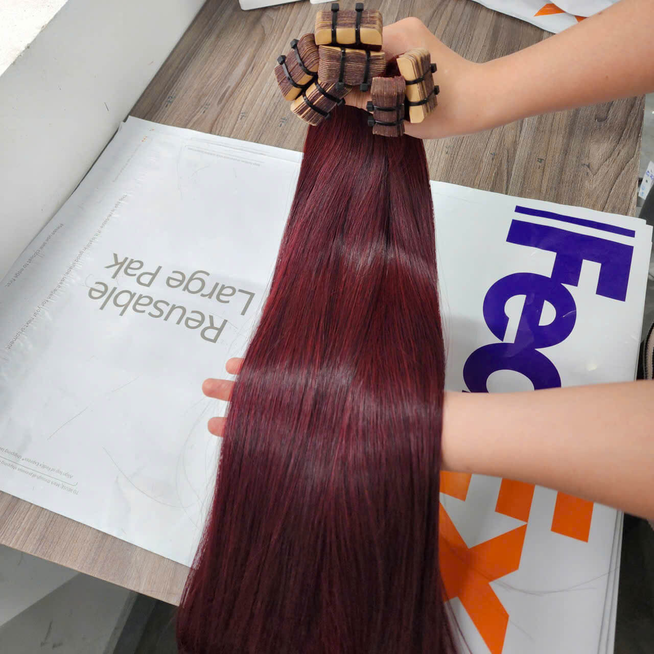 22 Inch Bone Straight Tape-In Burgundy Red Raw Vietnamese Human Hair Extension 6 22 Inch Bone Straight Burgundy Red Raw Vietnamese Human Hair Extension