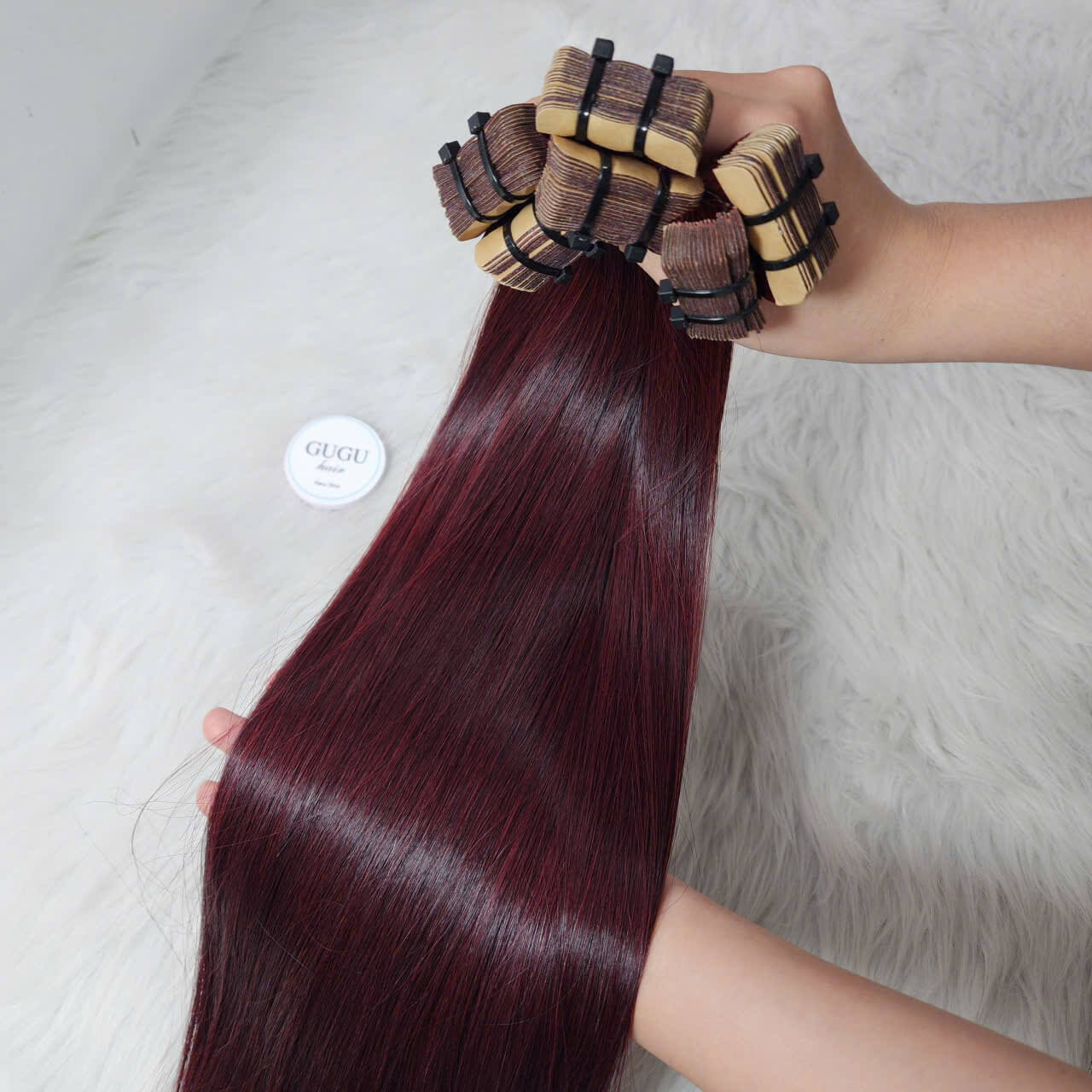 22 Inch Bone Straight Tape-In Burgundy Red Raw Vietnamese Human Hair Extension 8 22 Inch Bone Straight Burgundy Red Raw Vietnamese Human Hair Extension