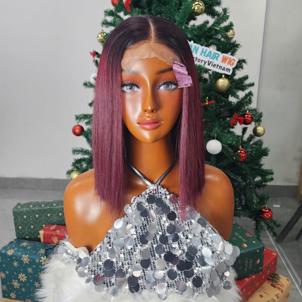 12 Inch Bob Wig Bone Straight Clorsure 99J Burgundy Raw Vietnamese Human Hair