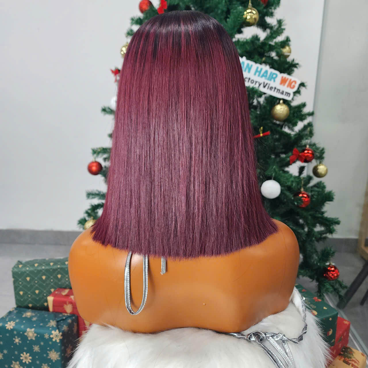 12 Inch Bob Wig Bone Straight Clorsure 99J Burgundy Raw Vietnamese Human Hair