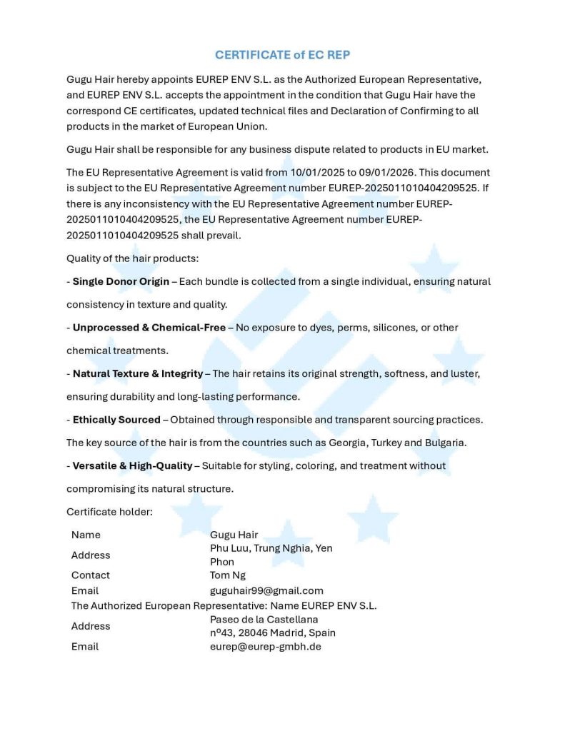 GUGU HAIR – Vietnamese Bone Straight Hair Wig – 100% Raw Human Hair 126 Gugu Hair-certification_EUR representative_page-0001 (1)