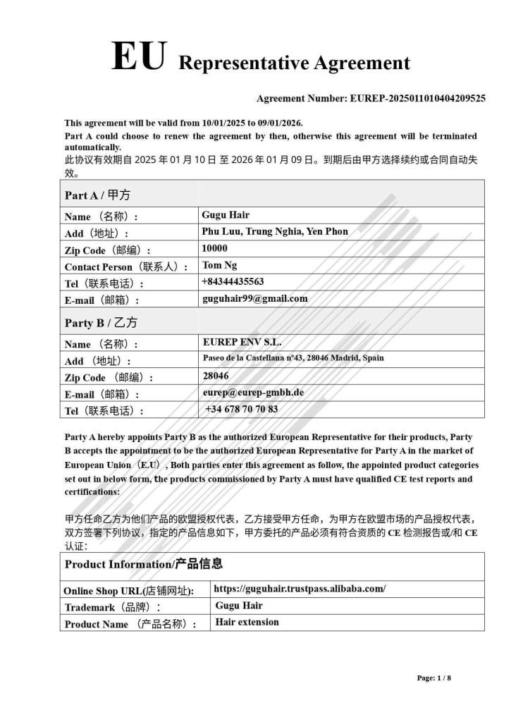 GUGU HAIR – Vietnamese Bone Straight Hair Wig – 100% Raw Human Hair 127 Legal Documents for Hair Products