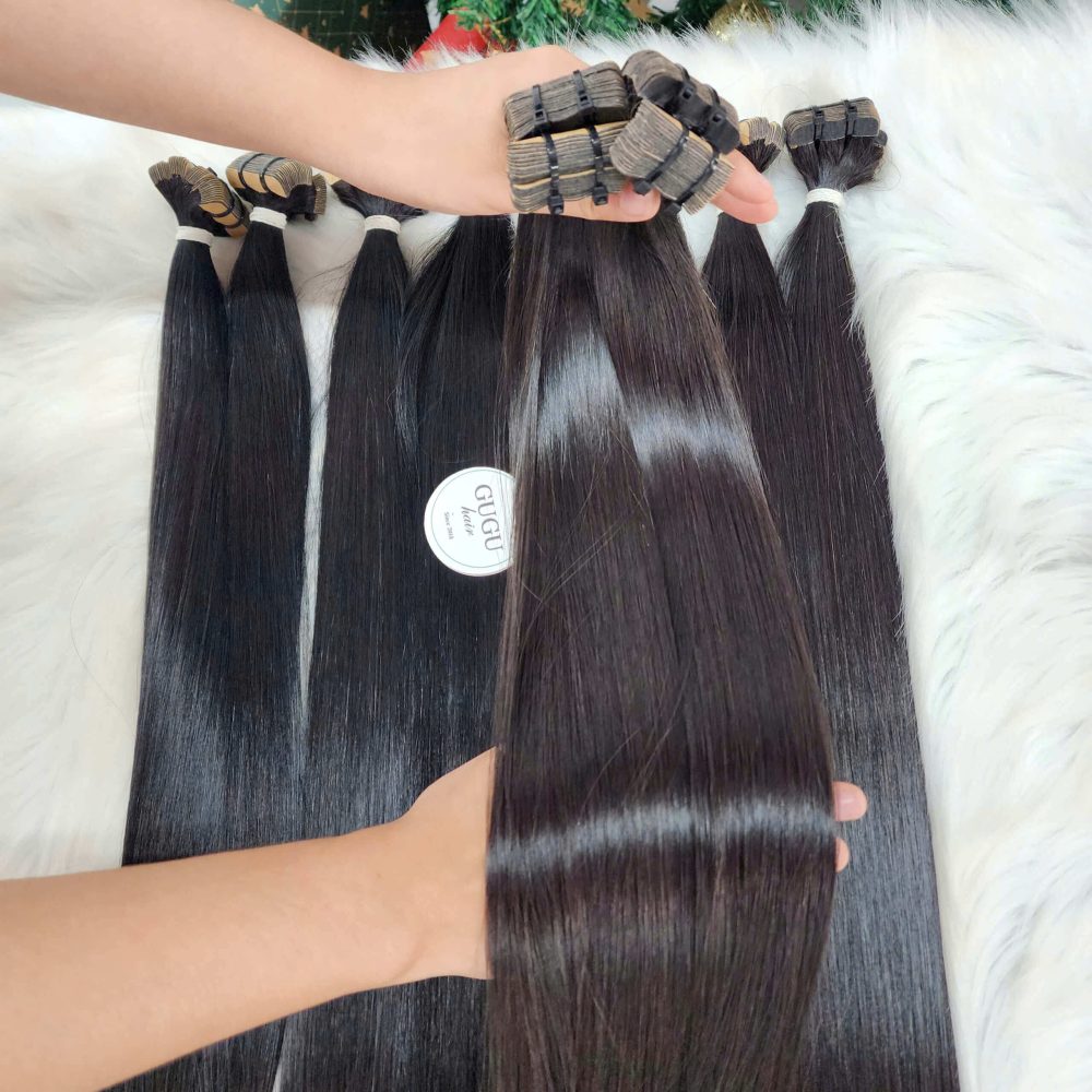 GUGU HAIR – Vietnamese Bone Straight Hair Wig – 100% Raw Human Hair 55 Black Straight Tape In Hair Extension - Viet Raw Hair Single Donor