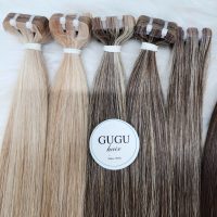 9A Natural Black to Chestnut Brown Highlight Black Piano Color Tape In Extension 7 Chocolate Brown with Honey Blonde Highlights Straight Tape In Hair