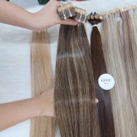 9A Natural Black to Chestnut Brown Highlight Black Piano Color Tape In Extension 2 tape in hair extensions brown with blonde highlights