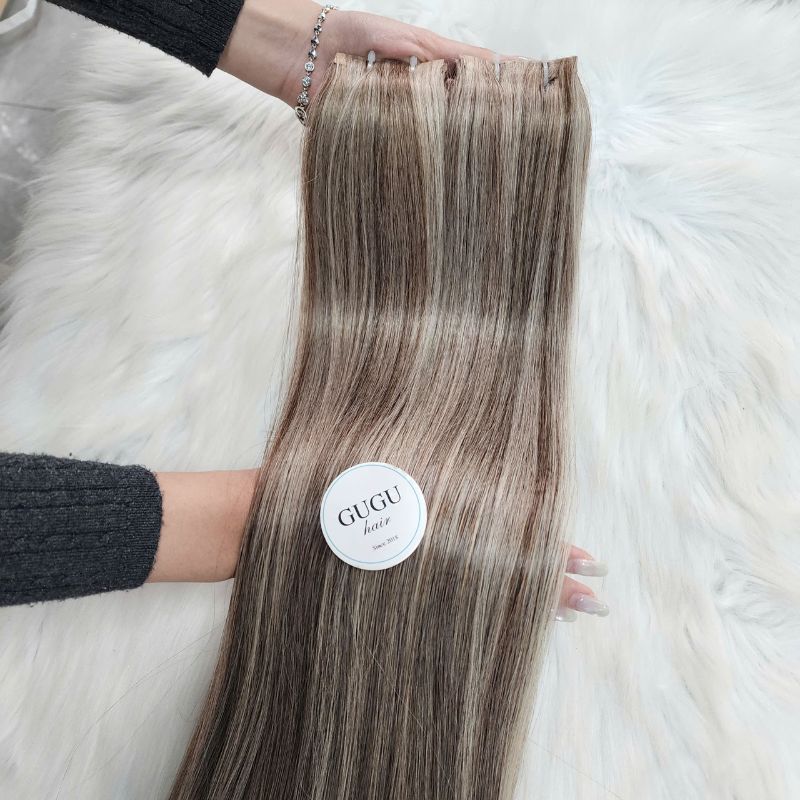 Invisible Tape In Weft Hair Extensions | Long Tape Dirty Blonde Highlight / Ash Blonde Mix Brown