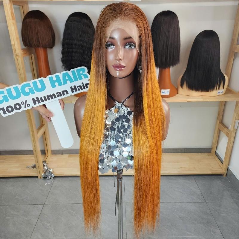 Lace Front Human Hair Wig Long Straight Ombre Honey Copper