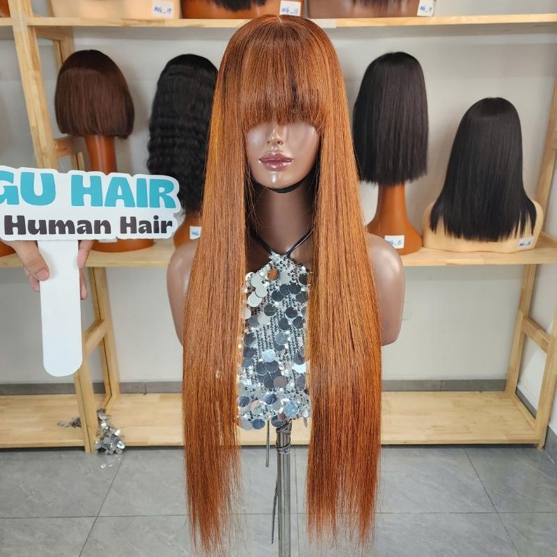 Long Bone Straight Honey Human Hair Wig with Bangs 1 Long Straight Human Hair Wig with Bang