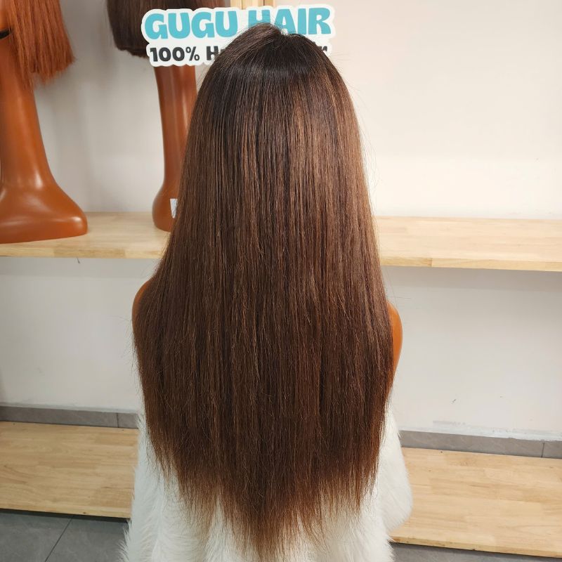 26 Inches Highlight Brown - 100% Human Hair Natural Straight Wig 6 Wig Natural Brown Black Root 2x6 Swiss Lace 26" Premium Quality Human Hair