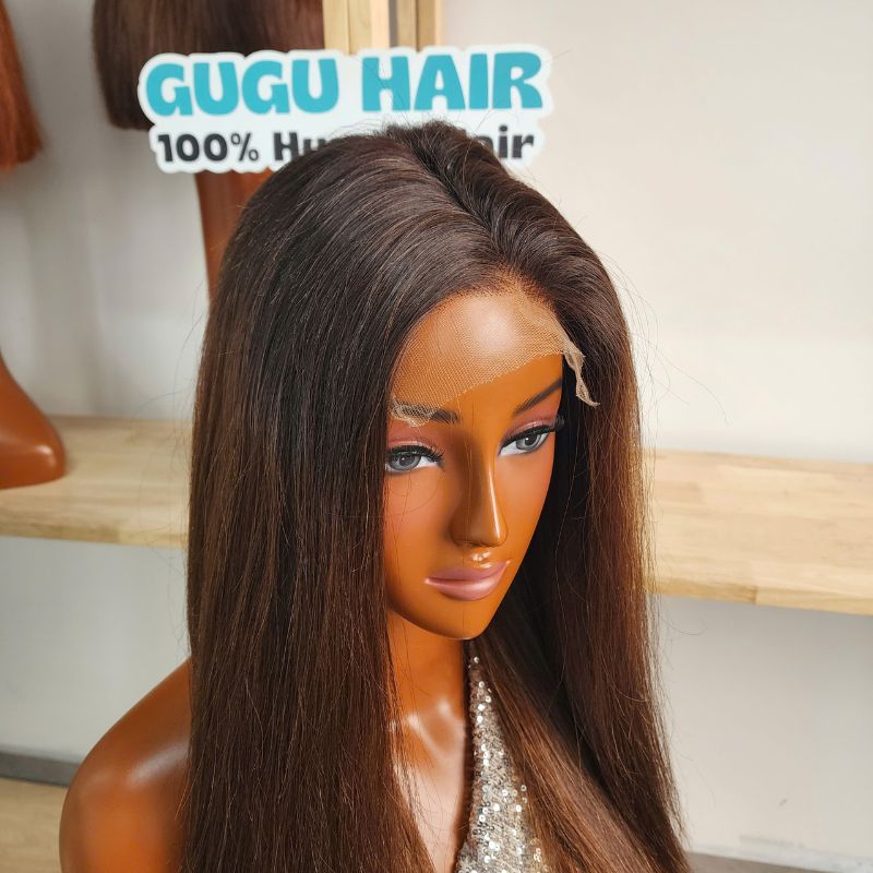 26 Inches Highlight Brown - 100% Human Hair Natural Straight Wig 3 Wig Natural Brown Black Root 2x6 Swiss Lace 26" Premium Quality Human Hair