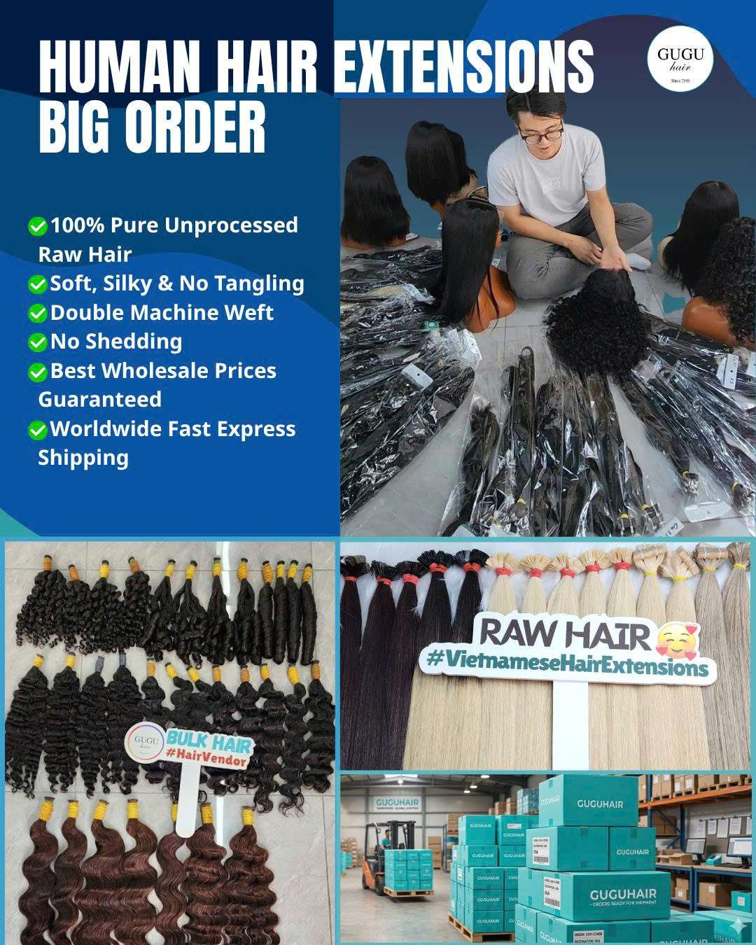 Top 5 Reputable Wholesale Hair Suppliers in Bac Ninh, Viet Nam 1 GUGUHAIR extensions big order