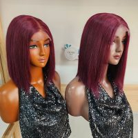 10-14 inch Burgundy Transparent Short Bob Human Hair Red Straight Lace Front Wig For Women Density 200%