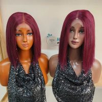 10-14 inch Burgundy Transparent Short Bob Human Hair Red Straight Lace Front Wig For Women Density 200%