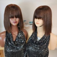 12 inch Honey Brown Short Bob Wigs Natural Human Hair with Bangs