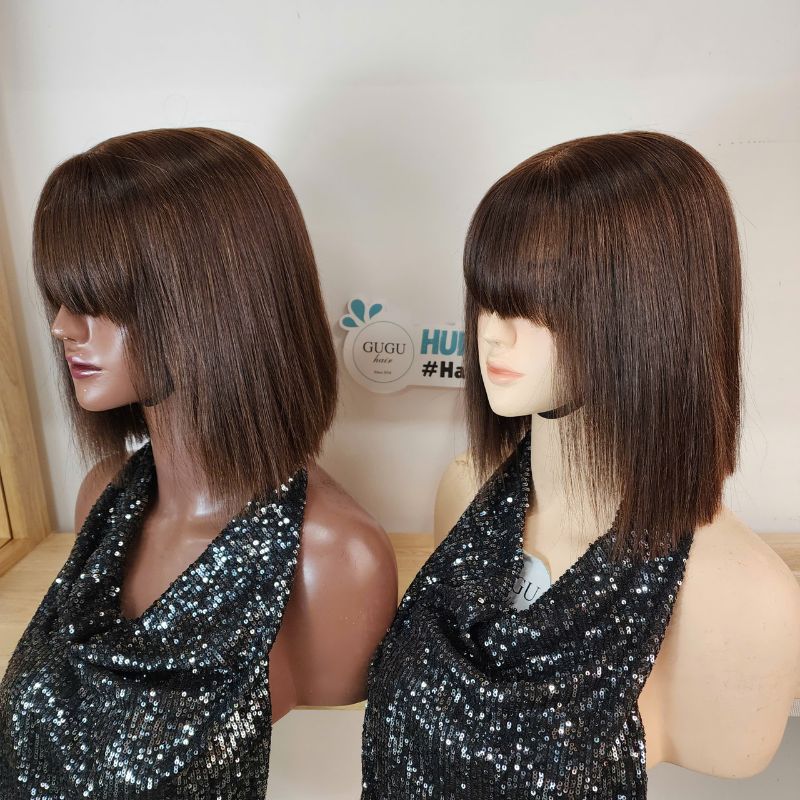 12 inch Honey Brown Short Bob Wigs Natural Human Hair with Bangs