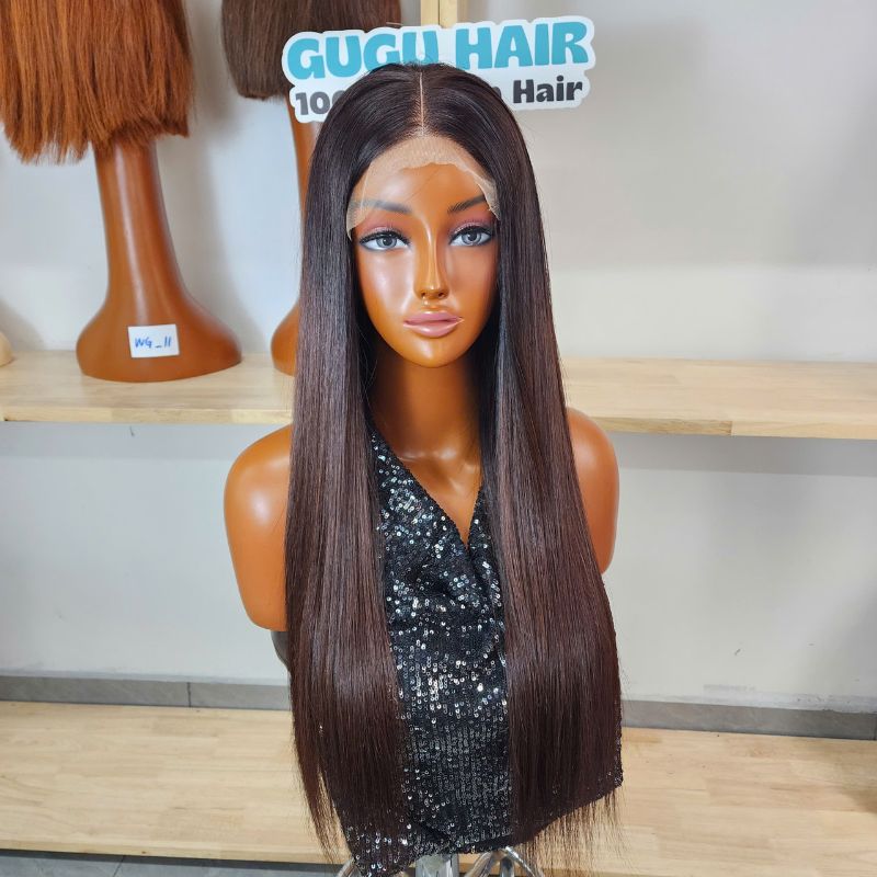 22 Inch Bone Straight Burgundy Dark Root Wig – Premium Vietnamese Human Hair