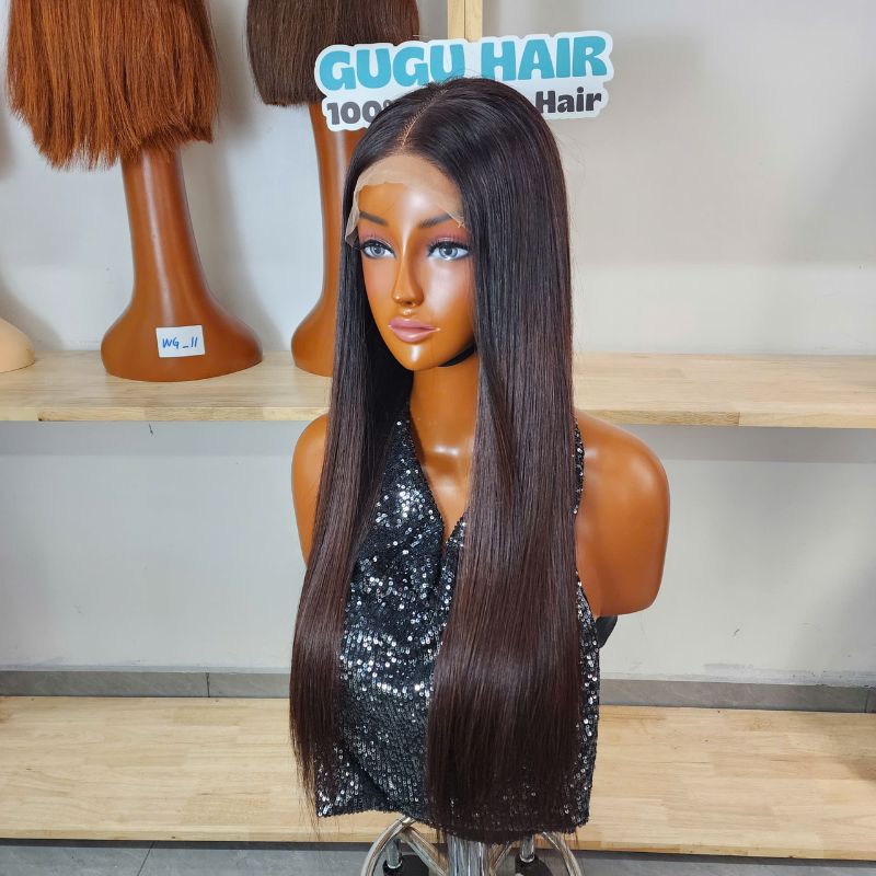 22 Inch Bone Straight Burgundy Dark Root Wig – Premium Vietnamese Human Hair