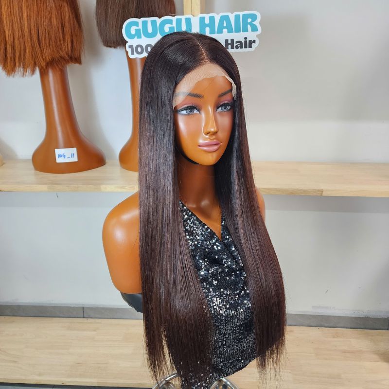 22 Inch Bone Straight Burgundy Dark Root Wig – Premium Vietnamese Human Hair