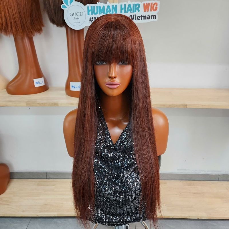Chocolate Brown Straight Human Hair Lace Front Wigs With Bangs Lace Human Hair Wigs Silky Stright 150% Density Glueless Hair Wigs