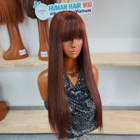 Chocolate Brown Straight Human Hair Lace Front Wigs With Bangs Lace Human Hair Wigs Silky Stright 150% Density Glueless Hair Wigs