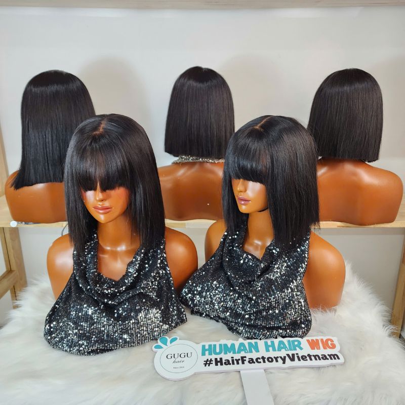 Hot Selling Short Black Bob Wig With Fashion Bang Natural Hair Line Bone Straight Lace Front Wig
