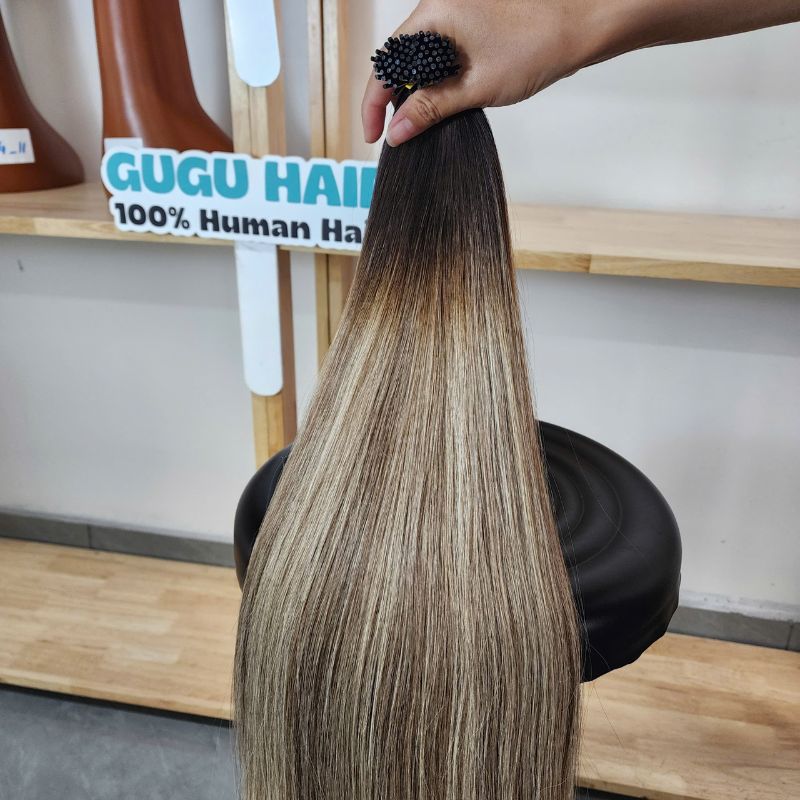 Luxury Rooted Beige Blonde Highlight Brown Silky Straight I-tip Virgin Hair Human Hair Extensions