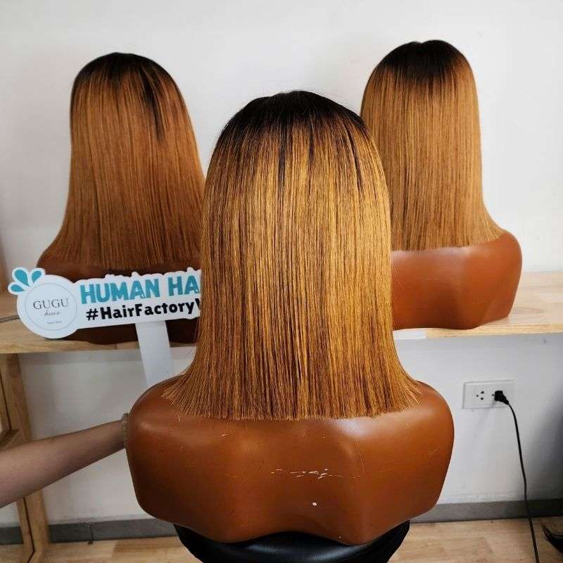GUGU HAIR – Raw Vietnamese Human Hair Wig 19 10 Inch Black Ombre Ginger Short Bob Wigs with Bangs
