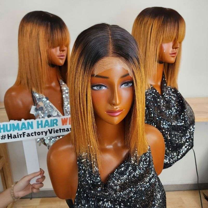 GUGU HAIR – Raw Vietnamese Human Hair Wig 20 10 Inch Black Ombre Ginger Short Bob Wigs with Bangs