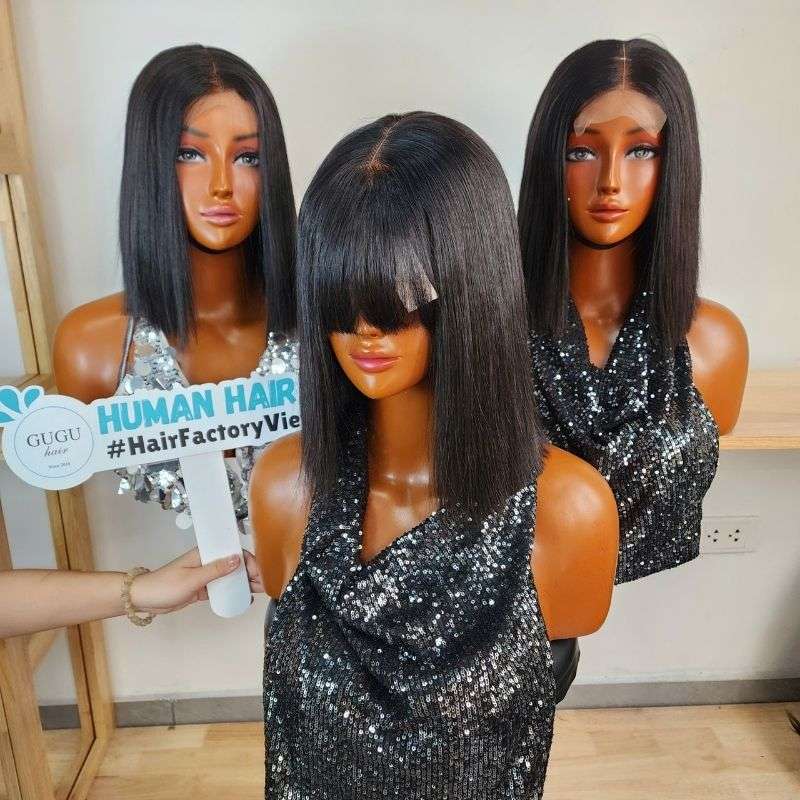 10 inch Black Human Hair Short Bob Wigs With Fashion Bang - Best Human Hair Factory 4 10 inch Black Human Hair Short Bob Wigs With Fashion Bang