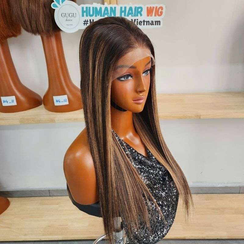 Trending Wigs Ombre & Highlight Color to Try This Year 4 Dark Brown Highlight Human Hair Wig | Straight Silk Top Wig for Women