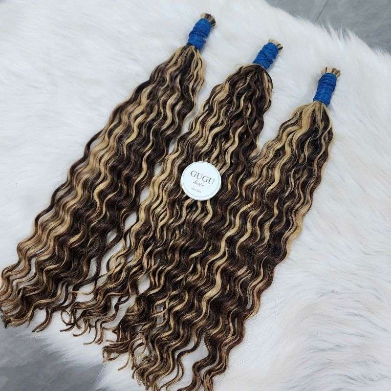 Highlight Blonde Brown Curly Bulk Loop Hair Extensions For Women Human Hair Vietnamese