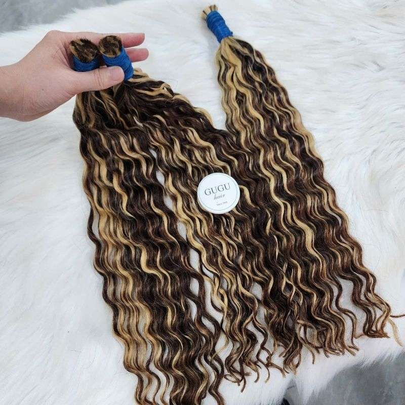 Highlight Blonde Brown Curly Bulk Loop Hair Extensions For Women Human Hair Vietnamese