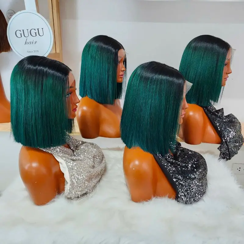 🎃Halloween Sale 25 Straight Emerald Green Bob Wig showing side profile and black root color