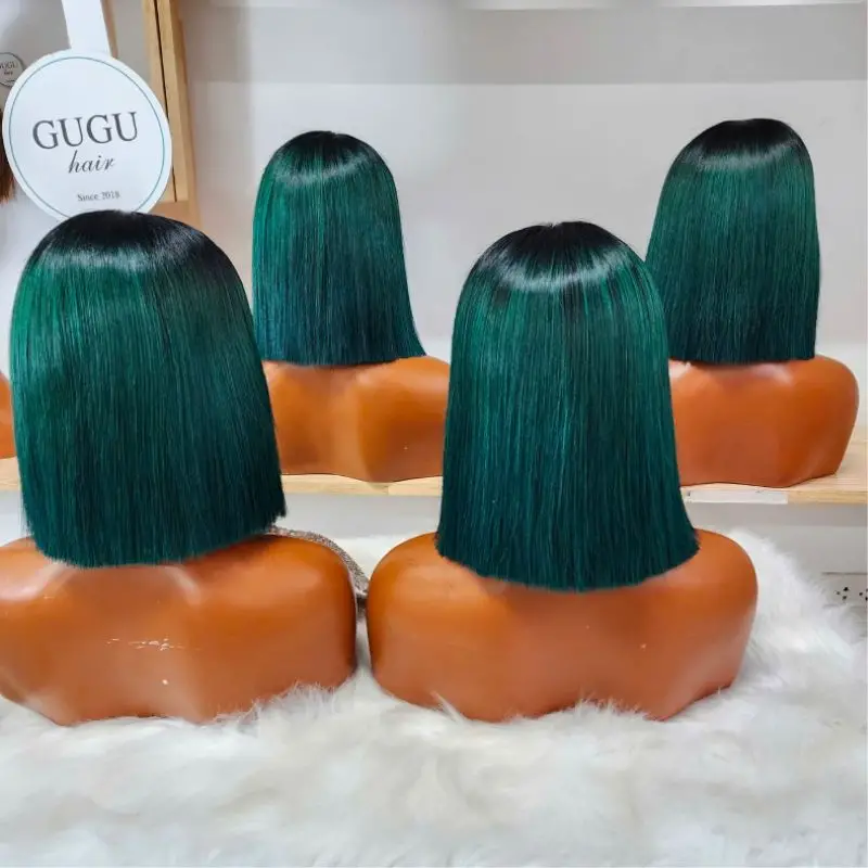 🎃Halloween Sale 24 Straight Emerald Green Bob Wig showing black root color